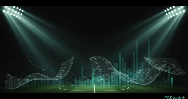 Abstract football-finance illustration in emerald green and black, mixing stadium, pitch and balance-sheet motifs, used as the hero image for the PSRwatch article "Leeds United accounts explained: what the 2024/25 filing really says".