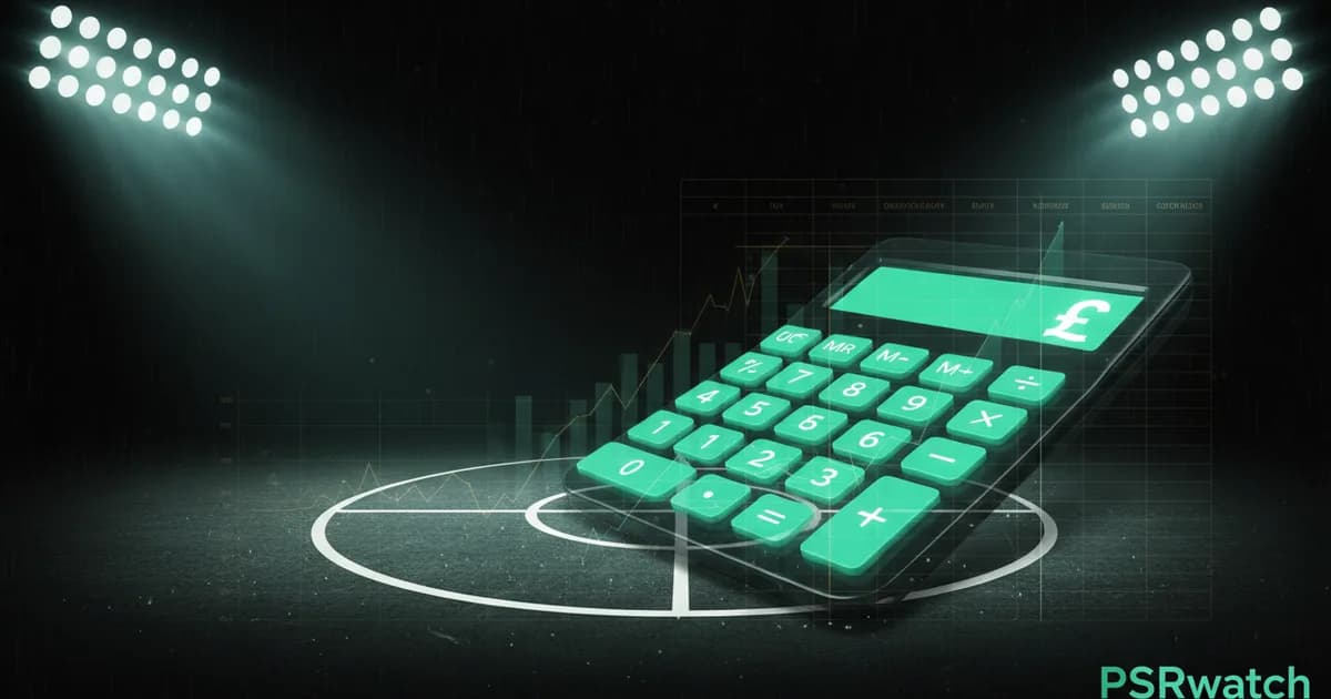 Abstract football-finance illustration in emerald green and black, mixing stadium, pitch and balance-sheet motifs, used as the hero image for the PSRwatch article "Leeds United's summer 2026 transfer window: what happened and what it did to their squad-cost position".