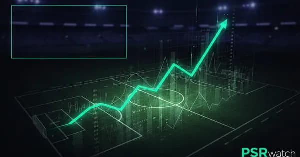 Abstract football-finance illustration in emerald green and black, mixing stadium, pitch and balance-sheet motifs, used as the hero image for the PSRwatch article "Liverpool accounts explained: what the 2024/25 filing really says".
