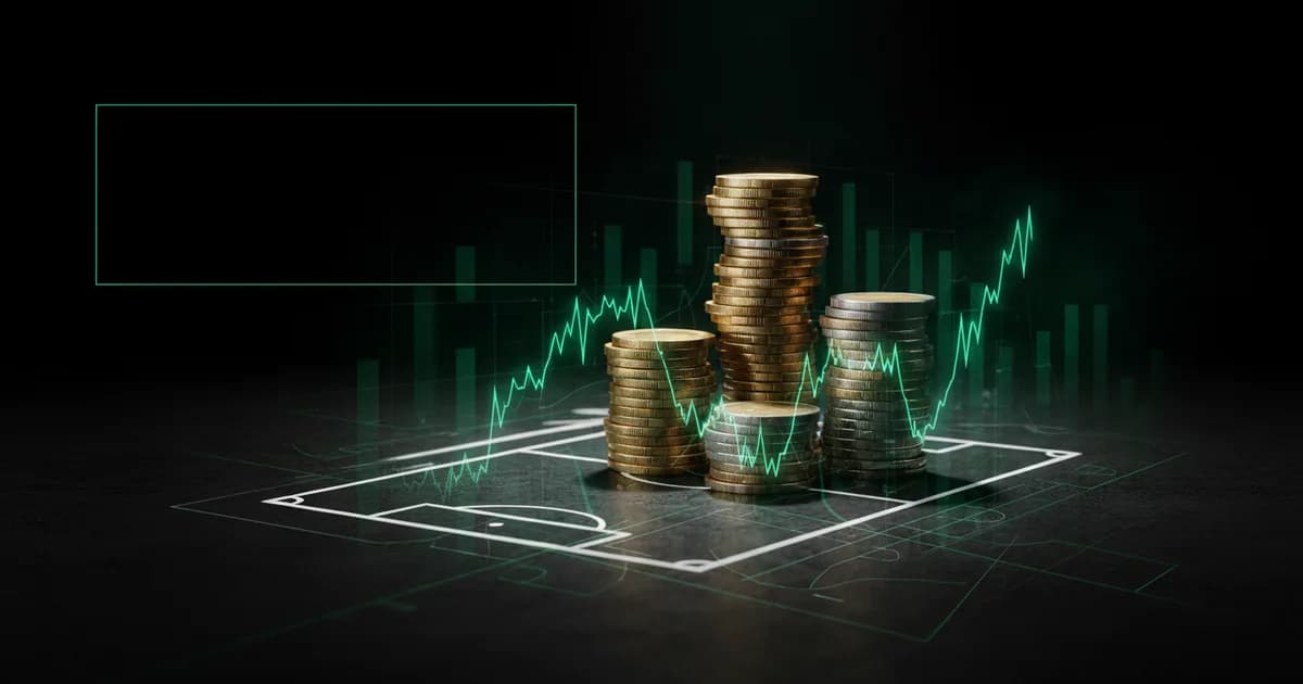 Abstract football-finance illustration in emerald green and black, mixing stadium, pitch and balance-sheet motifs, used as the hero image for the PSRwatch article "Liverpool's summer 2026 transfer window: what happened and what it did to their squad-cost position".