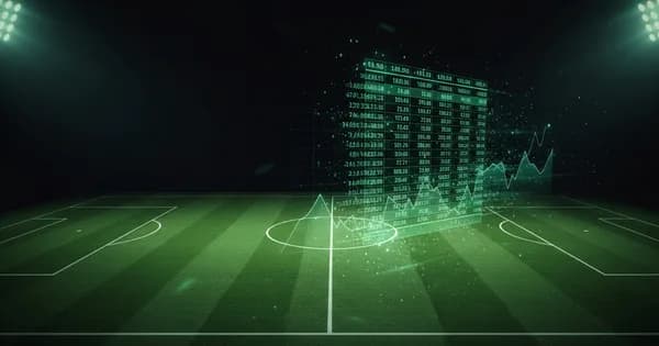 Abstract football-finance illustration in emerald green and black, mixing stadium, pitch and balance-sheet motifs, used as the hero image for the PSRwatch article "Álvaro Rodríguez to AFC Bournemouth: what the £21m move does to their squad-cost room".