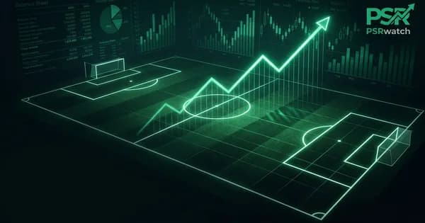 Abstract football-finance illustration in emerald green and black, mixing stadium, pitch and balance-sheet motifs, used as the hero image for the PSRwatch article "Manchester City accounts explained: what the 2024/25 filing really says".