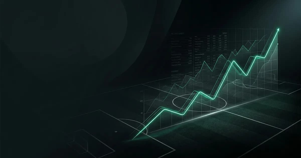 Abstract football-finance illustration in emerald green and black, mixing stadium, pitch and balance-sheet motifs, used as the hero image for the PSRwatch article "Manchester United accounts explained: what the 2024/25 filing really says".