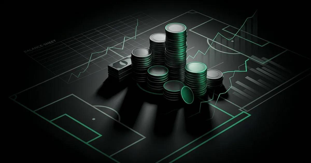 Abstract football-finance illustration in emerald green and black, mixing stadium, pitch and balance-sheet motifs, used as the hero image for the PSRwatch article "Marc Cucurella leaves Chelsea: what the £46.2m sale does to their squad-cost room".