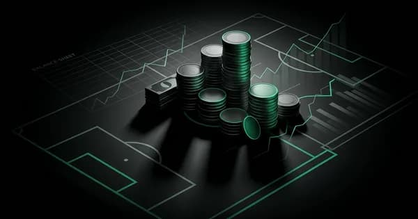 Abstract football-finance illustration in emerald green and black, mixing stadium, pitch and balance-sheet motifs, used as the hero image for the PSRwatch article "Marc Cucurella leaves Chelsea: what the £46.2m sale does to their squad-cost room".