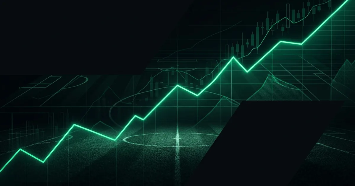 Abstract football-finance illustration in emerald green and black, mixing stadium, pitch and balance-sheet motifs, used as the hero image for the PSRwatch article "Marco Palestra to Chelsea: what the £47.9m move does to their squad-cost room".