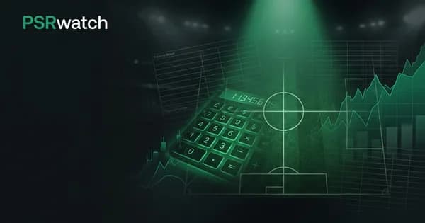 Abstract football-finance illustration in emerald green and black, mixing stadium, pitch and balance-sheet motifs, used as the hero image for the PSRwatch article "Mateus Fernandes to Tottenham Hotspur: what the £83.2m move does to their squad-cost room".