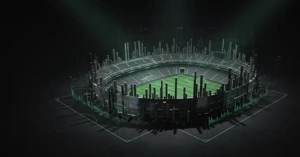 Abstract football-finance illustration in emerald green and black, mixing stadium, pitch and balance-sheet motifs, used as the hero image for the PSRwatch article "Mathys Detourbet to Manchester City: what the £21m move does to their squad-cost room".