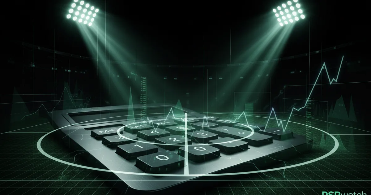 Abstract football-finance illustration in emerald green and black, mixing stadium, pitch and balance-sheet motifs, used as the hero image for the PSRwatch article "Matias Fernandez-Pardo to Newcastle United: what the £50.4m move does to their squad-cost room".