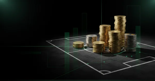 Abstract football-finance illustration in emerald green and black, mixing stadium, pitch and balance-sheet motifs, used as the hero image for the PSRwatch article "Maxence Lacroix to Chelsea: what the £51m move does to their squad-cost room".