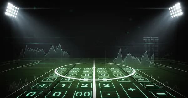 Abstract football-finance illustration in emerald green and black, mixing stadium, pitch and balance-sheet motifs, used as the hero image for the PSRwatch article "Merlin Röhl to Everton: what the £21m move does to their squad-cost room".