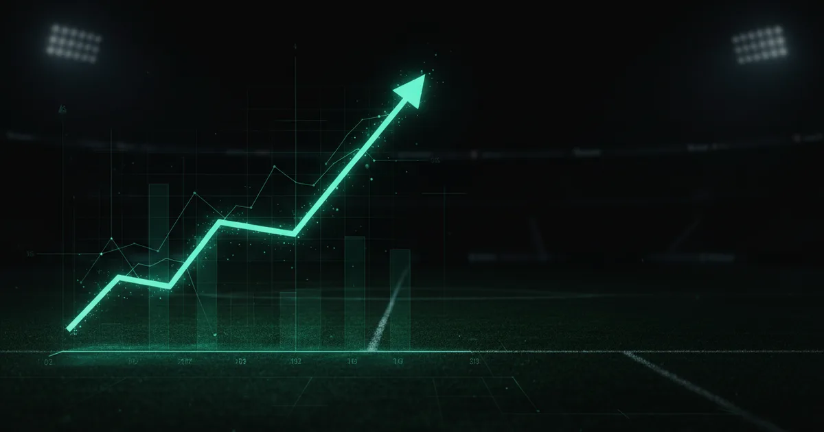 Abstract football-finance illustration in emerald green and black, mixing stadium, pitch and balance-sheet motifs, used as the hero image for the PSRwatch article "Morgan Rogers to Chelsea: what the £116m move does to their squad-cost room".