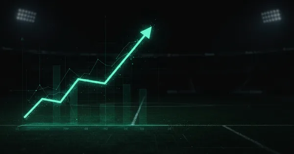 Abstract football-finance illustration in emerald green and black, mixing stadium, pitch and balance-sheet motifs, used as the hero image for the PSRwatch article "Morgan Rogers to Chelsea: what the £116m move does to their squad-cost room".