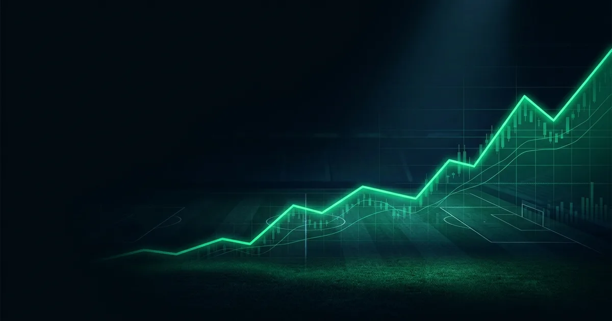Abstract football-finance illustration in emerald green and black, mixing stadium, pitch and balance-sheet motifs, used as the hero image for the PSRwatch article "Newcastle United accounts explained: what the 2024/25 filing really says".