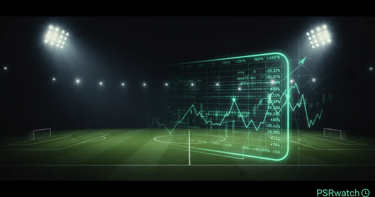 Abstract football-finance illustration in emerald green and black, mixing stadium, pitch and balance-sheet motifs, used as the hero image for the PSRwatch article "Nico González to Newcastle United: what the £47m move does to their squad-cost room".