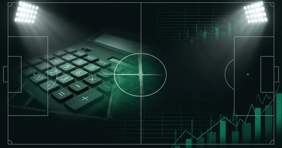 Abstract football-finance illustration in emerald green and black, mixing stadium, pitch and balance-sheet motifs, used as the hero image for the PSRwatch article "Nottingham Forest accounts explained: what the 2024/25 filing really says".