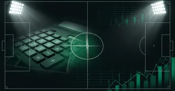 Abstract football-finance illustration in emerald green and black, mixing stadium, pitch and balance-sheet motifs, used as the hero image for the PSRwatch article "Nottingham Forest accounts explained: what the 2024/25 filing really says".