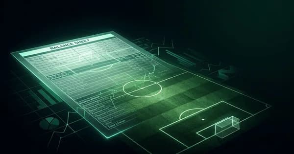 Abstract football-finance illustration in emerald green and black, mixing stadium, pitch and balance-sheet motifs, used as the hero image for the PSRwatch article "Old PSR vs the squad-cost rules: what actually changed".
