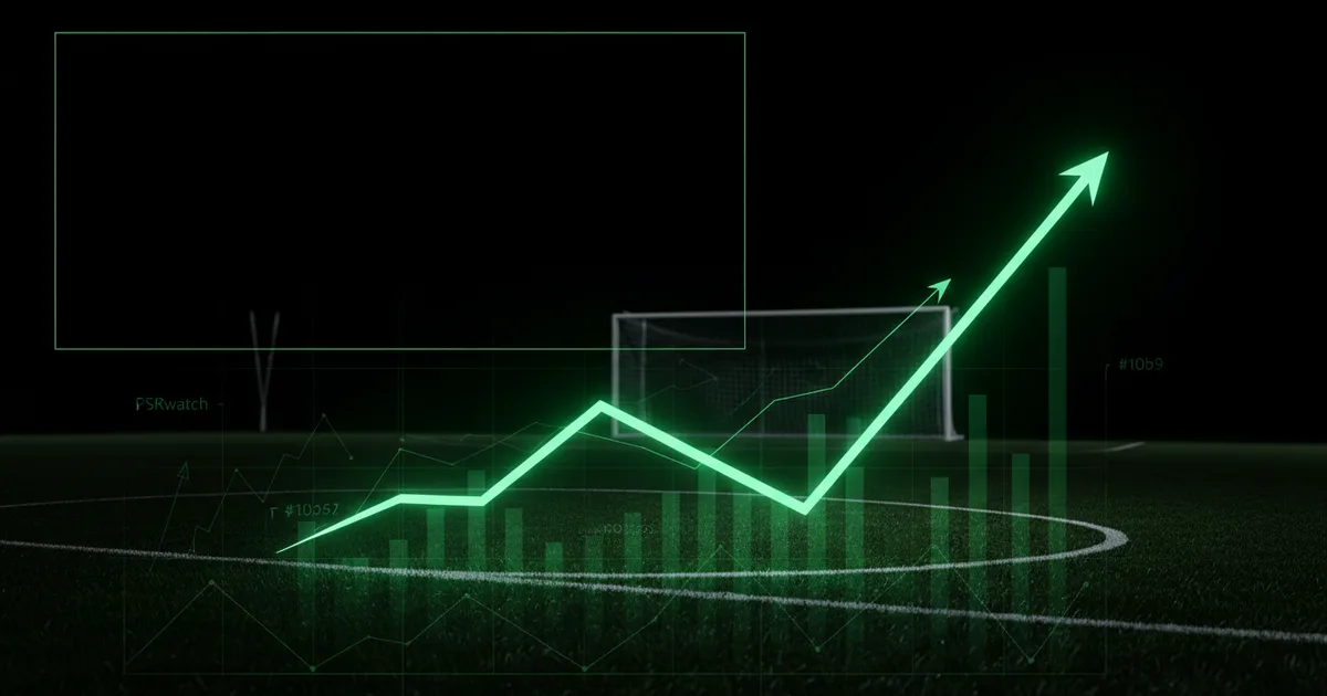 Abstract football-finance illustration in emerald green and black, mixing stadium, pitch and balance-sheet motifs, used as the hero image for the PSRwatch article "Ousmane Diomande to Nottingham Forest: what the £33.6m move does to their squad-cost room".