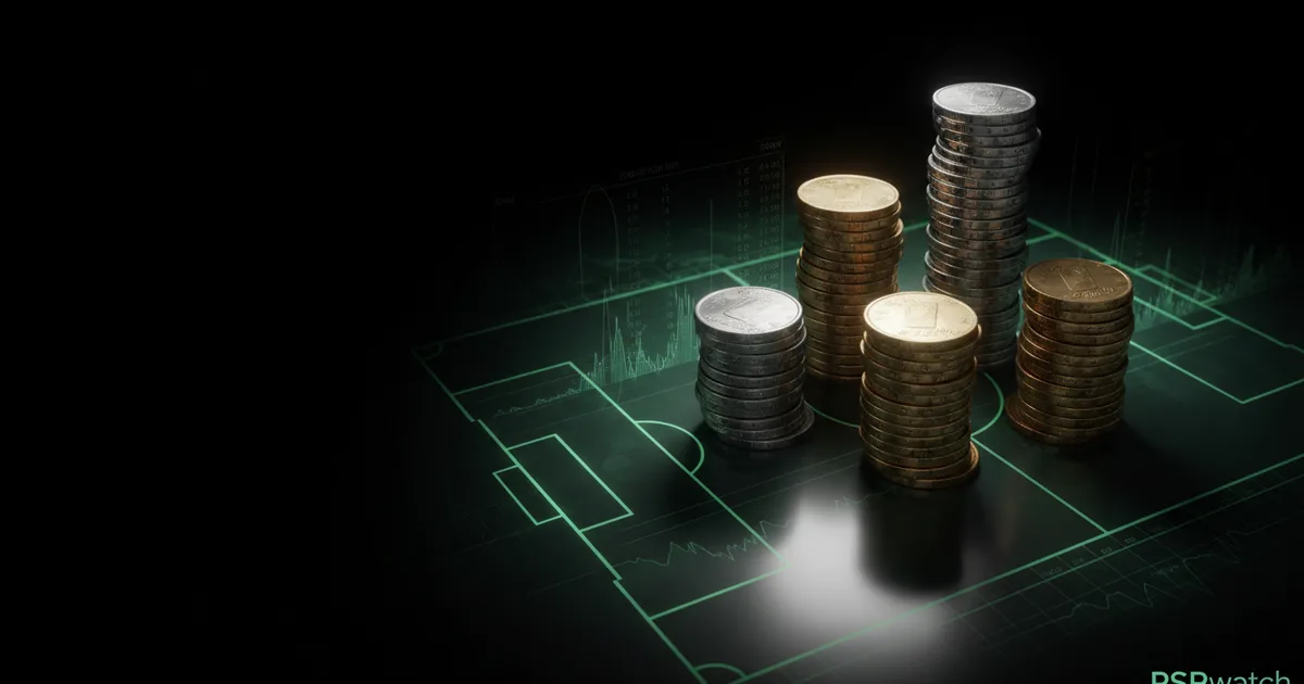 Abstract football-finance illustration in emerald green and black, mixing stadium, pitch and balance-sheet motifs, used as the hero image for the PSRwatch article "Deadline day standings: where all 20 Premier League clubs sit on squad cost".