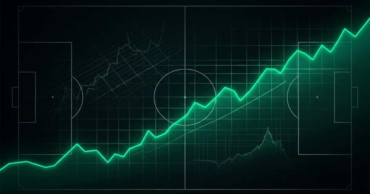 Abstract football-finance illustration in emerald green and black, mixing stadium, pitch and balance-sheet motifs, used as the hero image for the PSRwatch article "Premier League PSR transfer watch: who has room, who needs sales".