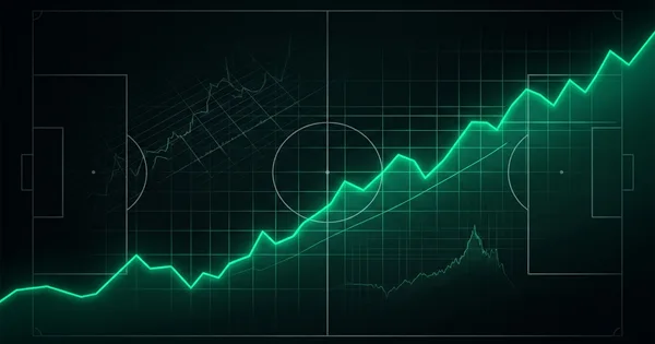 Abstract football-finance illustration in emerald green and black, mixing stadium, pitch and balance-sheet motifs, used as the hero image for the PSRwatch article "Premier League PSR transfer watch: who has room, who needs sales".