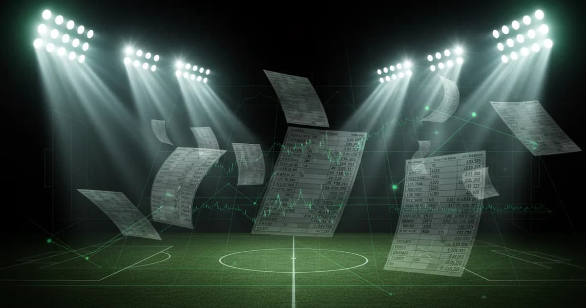 Abstract football-finance illustration in emerald green and black, mixing stadium, pitch and balance-sheet motifs, used as the hero image for the PSRwatch article "Summer 2026 transfer window review: all 20 Premier League clubs ranked".
