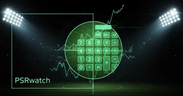 Abstract football-finance illustration in emerald green and black, mixing stadium, pitch and balance-sheet motifs, used as the hero image for the PSRwatch article "Rasmus Højlund leaves Manchester United: what the £37m sale does to their squad-cost room".