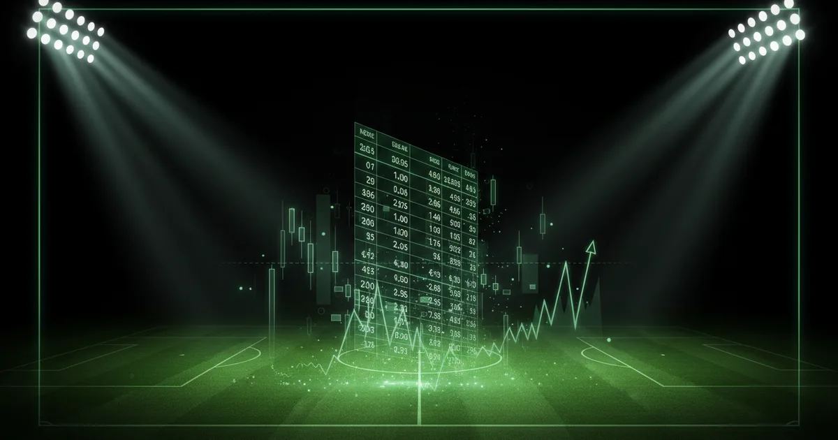 Abstract football-finance illustration in emerald green and black, mixing stadium, pitch and balance-sheet motifs, used as the hero image for the PSRwatch article "Rodri leaves Manchester City: what the £50.4m sale does to their squad-cost room".
