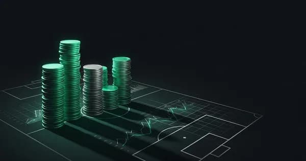 Abstract football-finance illustration in emerald green and black, mixing stadium, pitch and balance-sheet motifs, used as the hero image for the PSRwatch article "Sandro Tonali to Tottenham Hotspur: what the £90.7m move does to their squad-cost room".