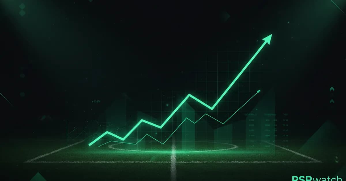 Abstract football-finance illustration in emerald green and black, mixing stadium, pitch and balance-sheet motifs, used as the hero image for the PSRwatch article "Savinho to Tottenham Hotspur: what the £73.7m move does to their squad-cost room".