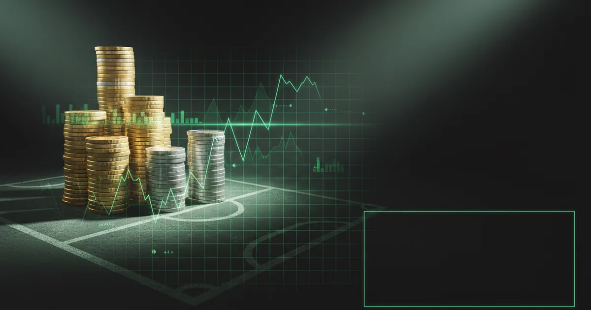 Abstract football-finance illustration in emerald green and black, mixing stadium, pitch and balance-sheet motifs, used as the hero image for the PSRwatch article "Shea Charles to Fulham: what the £25.5m move does to their squad-cost room".