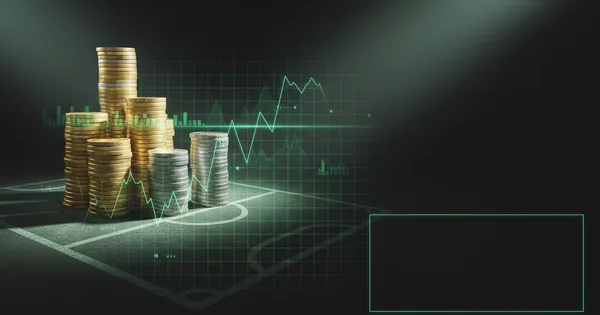 Abstract football-finance illustration in emerald green and black, mixing stadium, pitch and balance-sheet motifs, used as the hero image for the PSRwatch article "Shea Charles to Fulham: what the £25.5m move does to their squad-cost room".