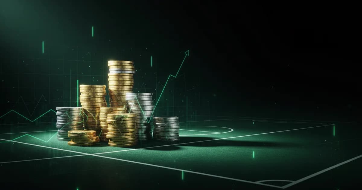 Abstract football-finance illustration in emerald green and black, mixing stadium, pitch and balance-sheet motifs, used as the hero image for the PSRwatch article "Sidiki Chérif to Coventry City: what the £20.6m move does to their squad-cost room".