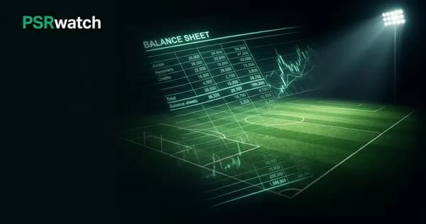 Abstract football-finance illustration in emerald green and black, mixing stadium, pitch and balance-sheet motifs, used as the hero image for the PSRwatch article "Sunderland accounts explained: what the 2024/25 filing really says".