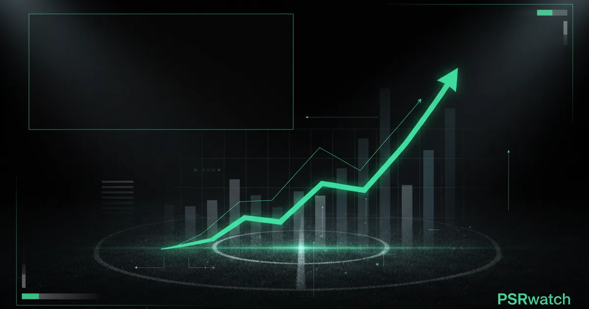 Abstract football-finance illustration in emerald green and black, mixing stadium, pitch and balance-sheet motifs, used as the hero image for the PSRwatch article "Tarik Muharemović to Leeds United: what the £31.1m move does to their squad-cost room".
