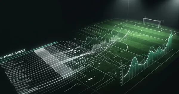 Abstract football-finance illustration in emerald green and black, mixing stadium, pitch and balance-sheet motifs, used as the hero image for the PSRwatch article "What are undisclosed transfer fees, and why do they make PSR maths hard?".