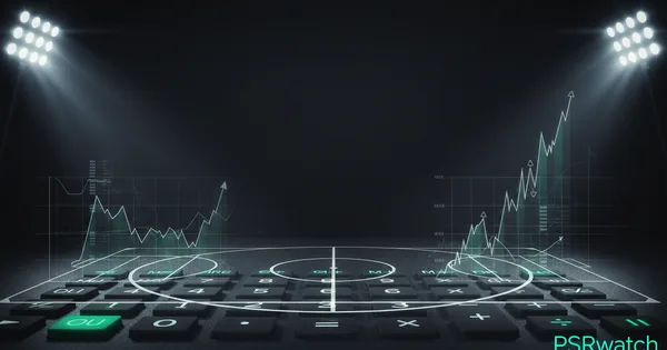 Abstract football-finance illustration in emerald green and black, mixing stadium, pitch and balance-sheet motifs, used as the hero image for the PSRwatch article "Víctor Muñoz to Liverpool: what the £33.6m move does to their squad-cost room".