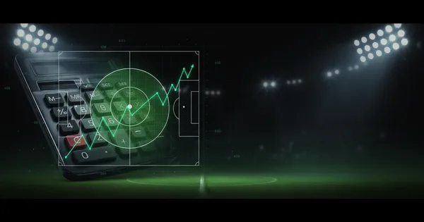 Abstract football-finance illustration in emerald green and black, mixing stadium, pitch and balance-sheet motifs, used as the hero image for the PSRwatch article "Valentín Barco to Chelsea: what the £33.6m move does to their squad-cost room".
