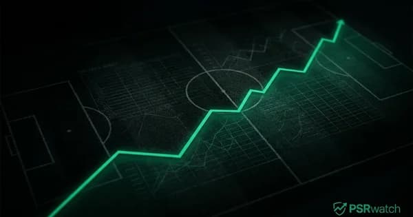 Abstract football-finance illustration in emerald green and black, mixing stadium, pitch and balance-sheet motifs, used as the hero image for the PSRwatch article "What is player trading profit? How selling players creates spending room".