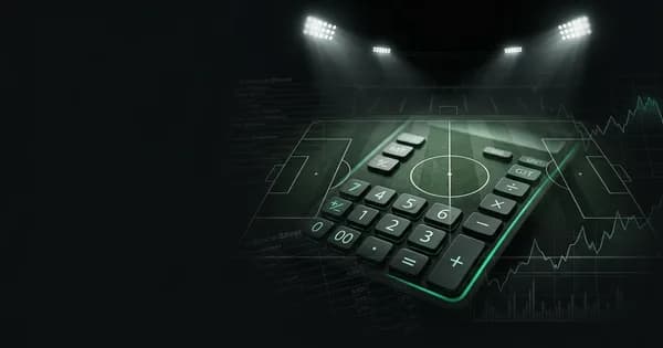 Abstract football-finance illustration in emerald green and black, mixing stadium, pitch and balance-sheet motifs, used as the hero image for the PSRwatch article "Why academy sales help PSR: pure profit, explained simply".