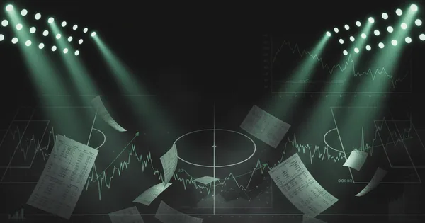 Abstract football-finance illustration in emerald green and black, mixing stadium, pitch and balance-sheet motifs, used as the hero image for the PSRwatch article "Youri Tielemans to Manchester United: what the £34.4m move does to their squad-cost room".