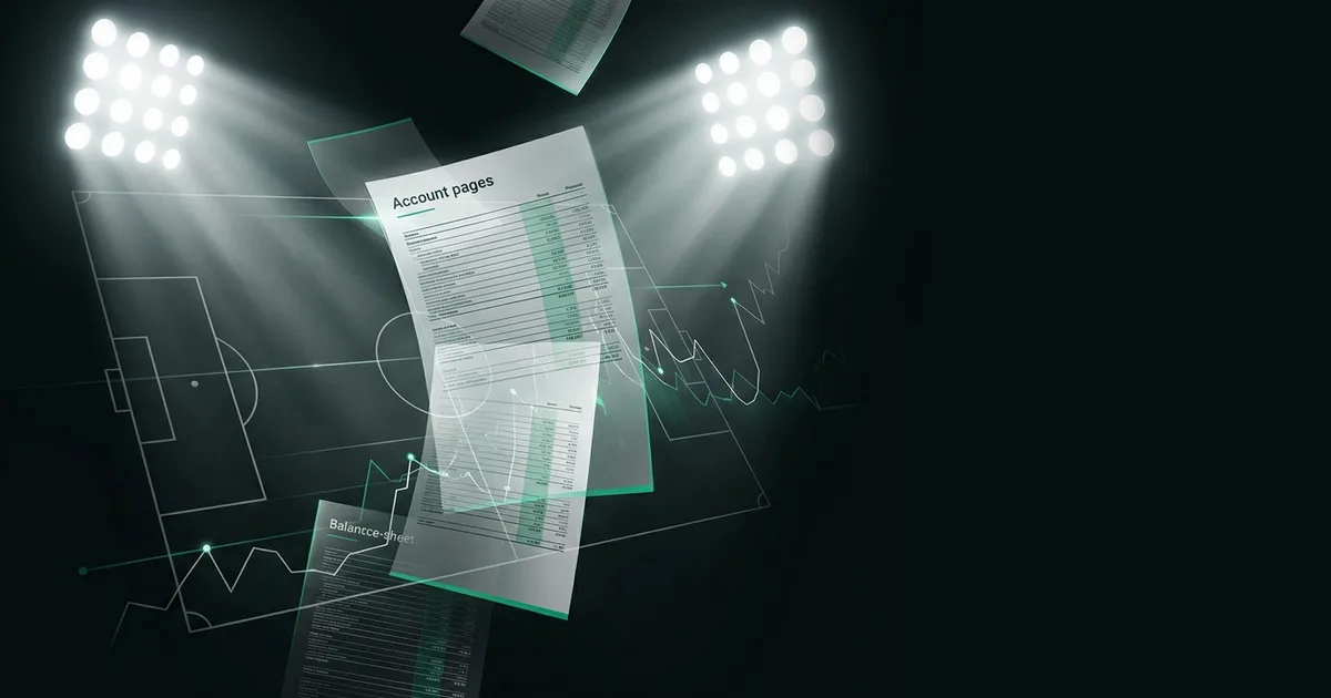 Abstract football-finance illustration in emerald green and black, mixing stadium, pitch and balance-sheet motifs, used as the hero image for the PSRwatch article "Anthony Gordon leaves Newcastle United: what the £67.2m sale does to their squad-cost room".