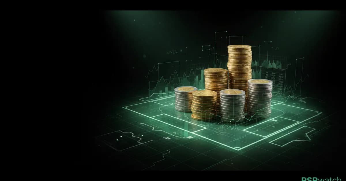 Abstract football-finance illustration in emerald green and black, mixing stadium, pitch and balance-sheet motifs, used as the hero image for the PSRwatch article "AFC Bournemouth's summer 2026 transfer window: what happened and what it did to their squad-cost position".