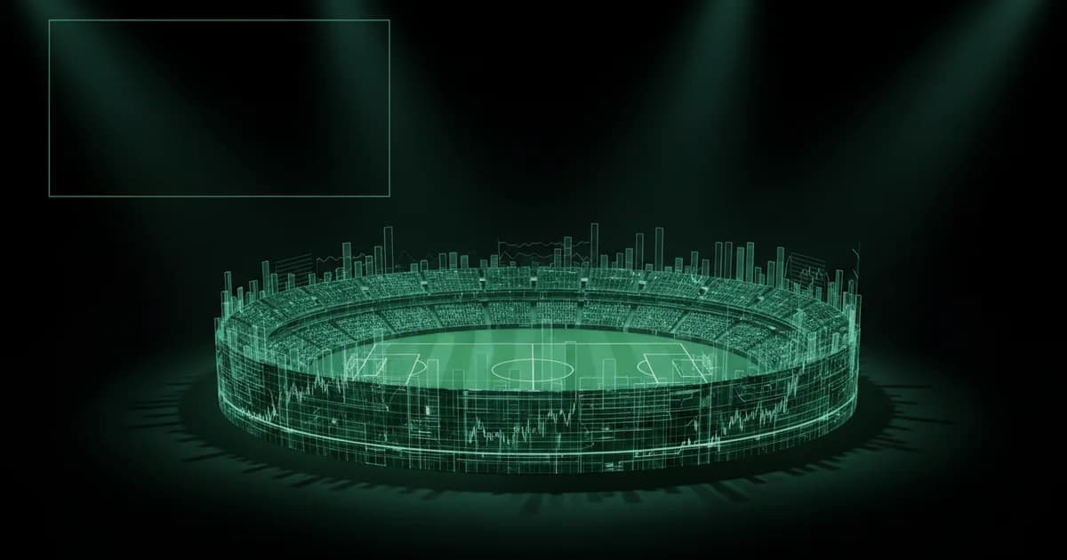 Abstract football-finance illustration in emerald green and black, mixing stadium, pitch and balance-sheet motifs, used as the hero image for the PSRwatch article "Brennan Johnson to Everton: what the £21.7m move does to their squad-cost room".