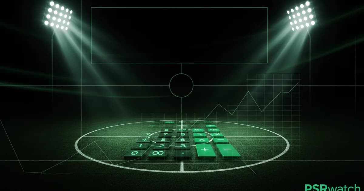Abstract football-finance illustration in emerald green and black, mixing stadium, pitch and balance-sheet motifs, used as the hero image for the PSRwatch article "Brentford accounts explained: what the 2024/25 filing really says".