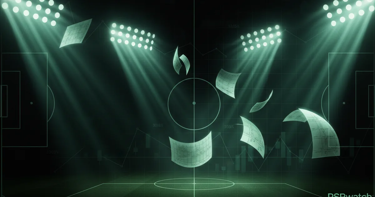 Abstract football-finance illustration in emerald green and black, mixing stadium, pitch and balance-sheet motifs, used as the hero image for the PSRwatch article "Brighton & Hove Albion accounts explained: what the 2024/25 filing really says".
