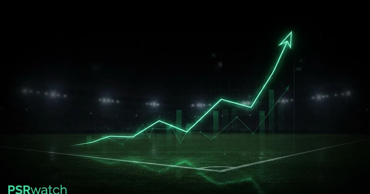 Abstract football-finance illustration in emerald green and black, mixing stadium, pitch and balance-sheet motifs, used as the hero image for the PSRwatch article "Coventry City accounts explained: what the 2024/25 filing really says".