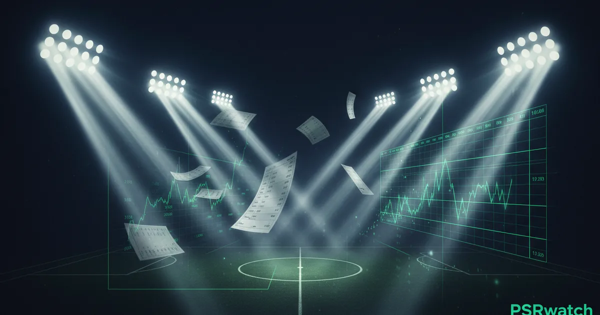 Abstract football-finance illustration in emerald green and black, mixing stadium, pitch and balance-sheet motifs, used as the hero image for the PSRwatch article "Coventry City's summer 2026 transfer window: what happened and what it did to their squad-cost position".
