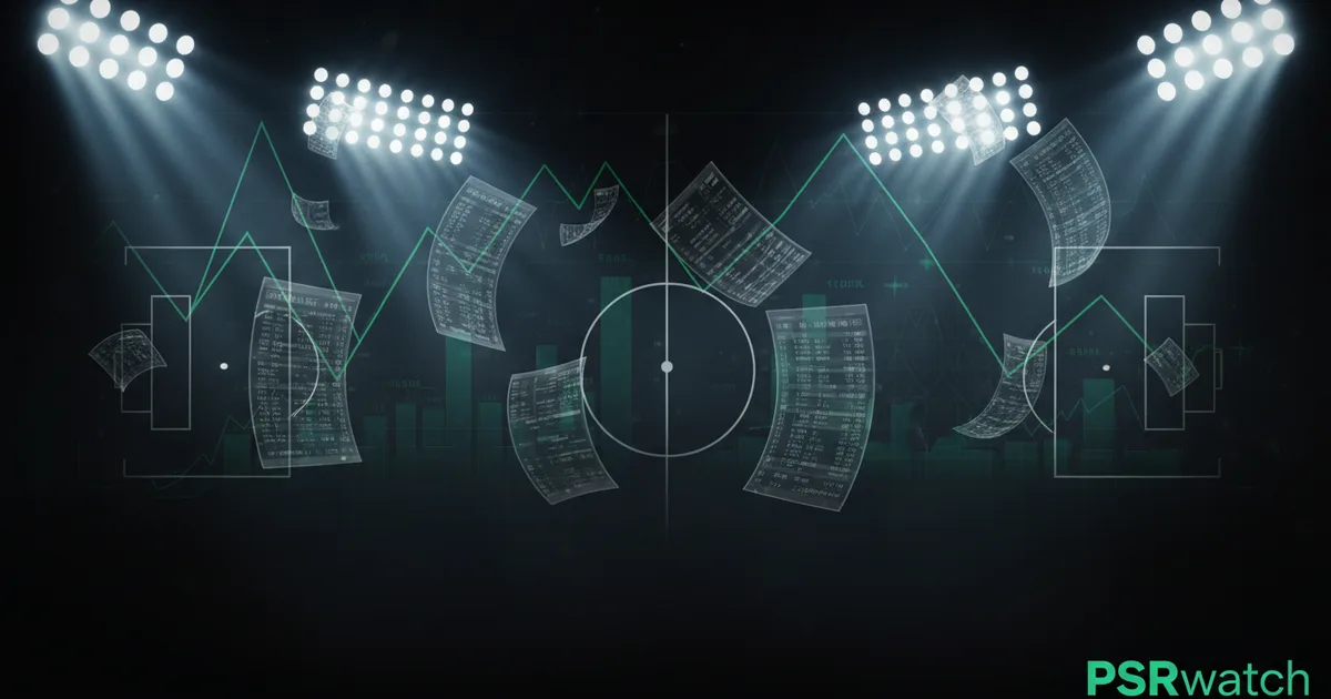 Abstract football-finance illustration in emerald green and black, mixing stadium, pitch and balance-sheet motifs, used as the hero image for the PSRwatch article "Crystal Palace accounts explained: what the 2024/25 filing really says".